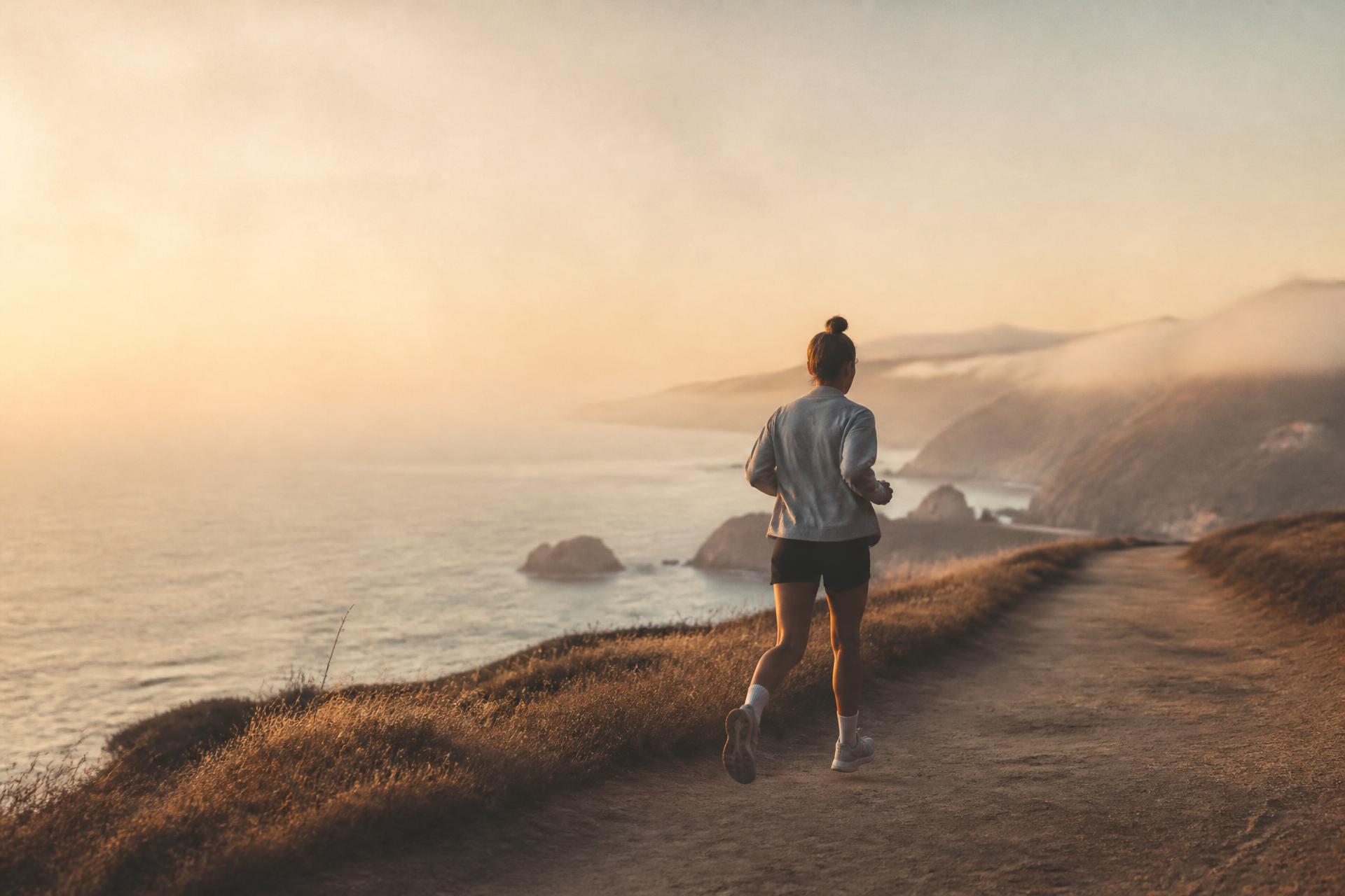 Runner at sunrise on a coastal cliff